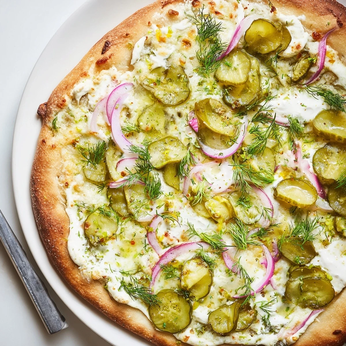 Creamy pickle pizza with dill, mozzarella, and rich crème fraîche sauce.  