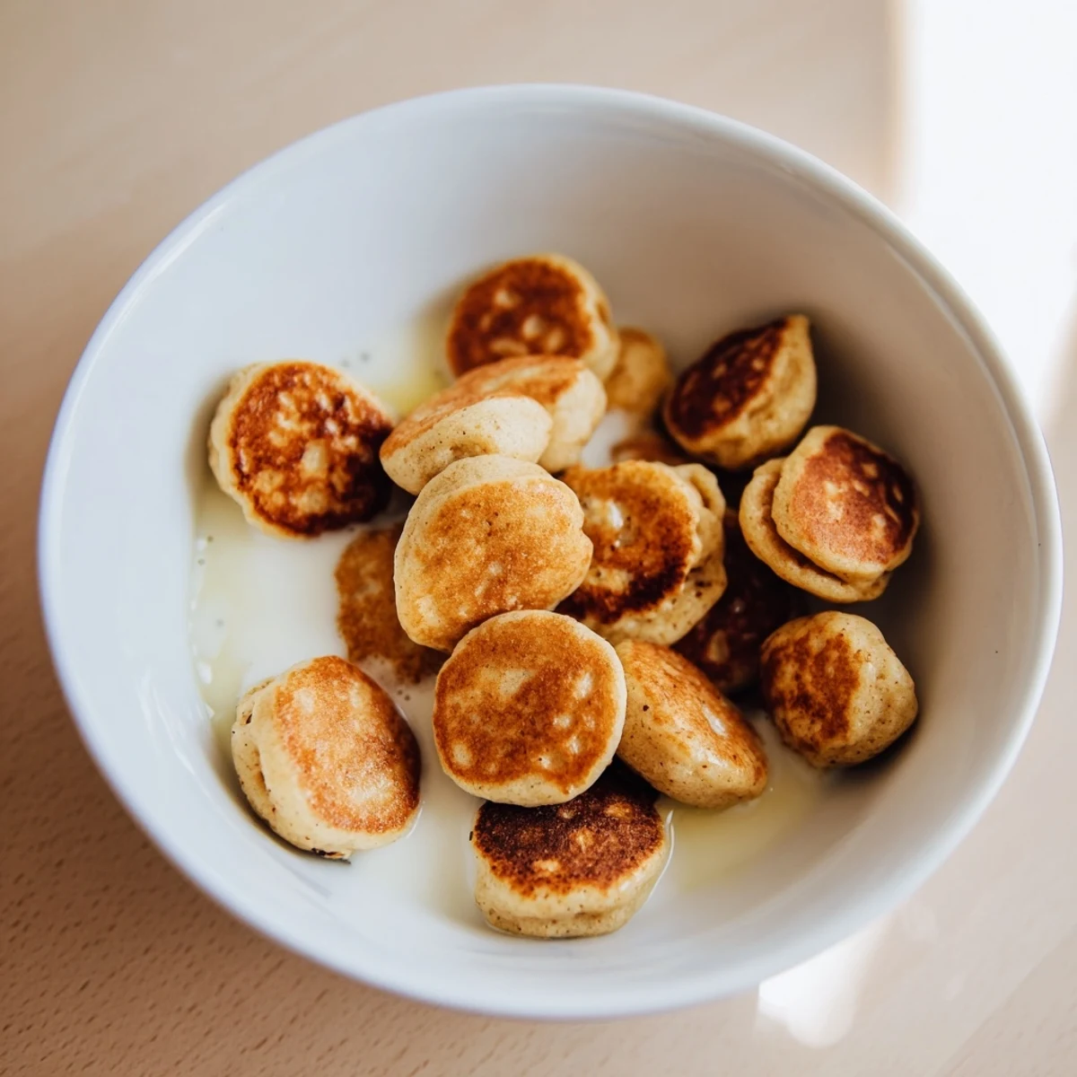 Mini Pancake Cereal served in a bowl, drizzled with maple syrup and fresh berries.  