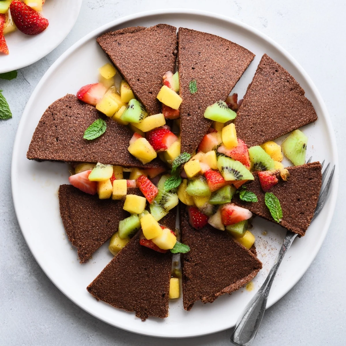 Delicious chocolate tortilla chips paired with fresh fruit salsa for dipping.  