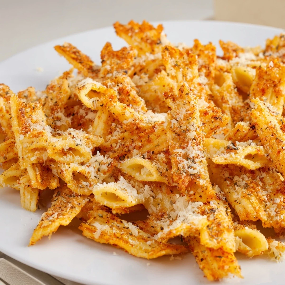 Crispy Pasta Chips Seasoned Variety ready to dip in tangy marinara sauce.  