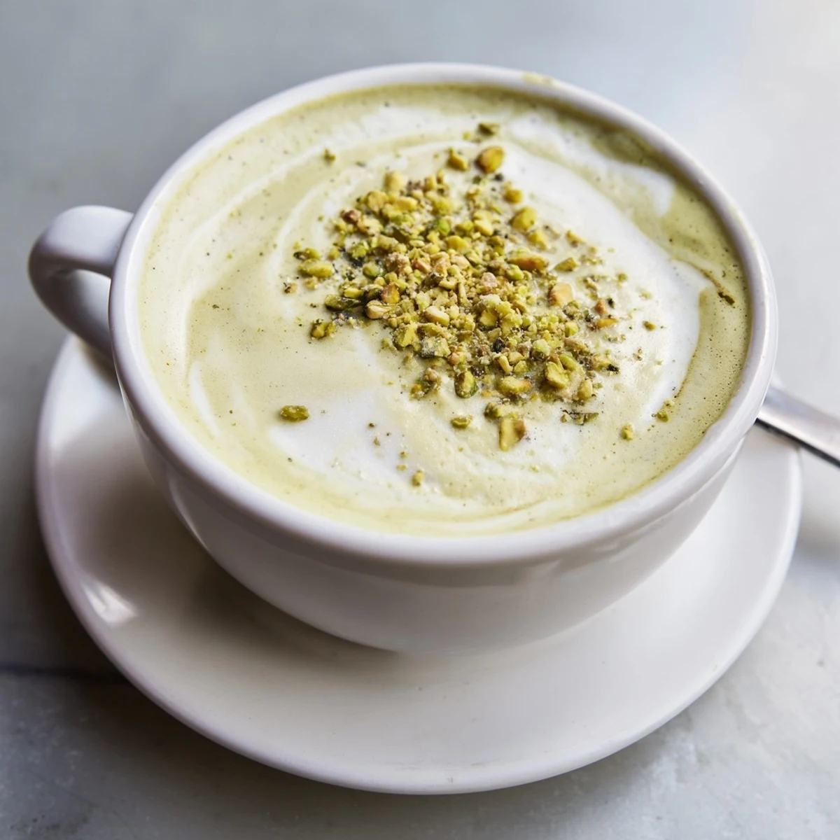 Creamy pistachio milk latte topped with crushed nuts for a delightful, nutty flavor.
