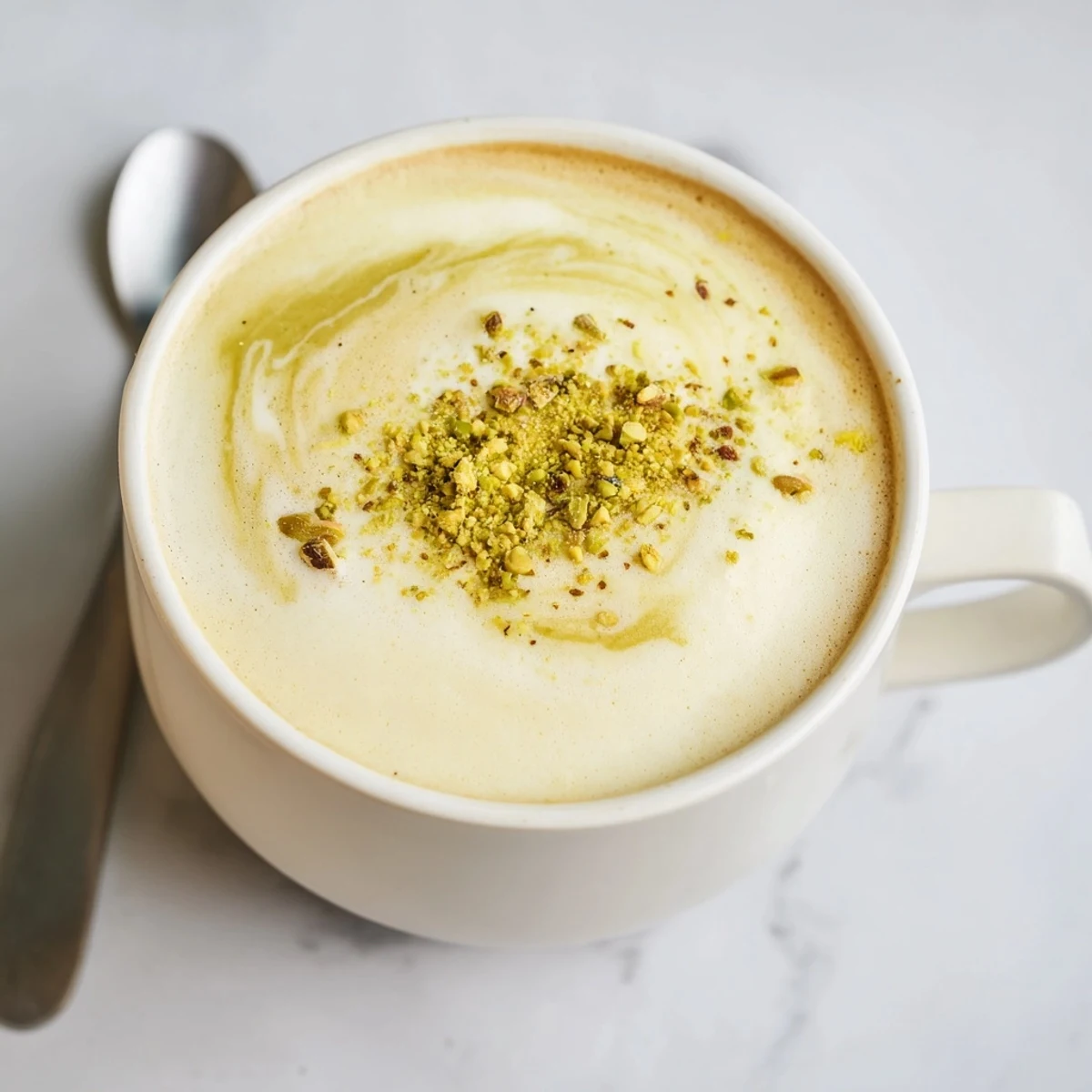 A fragrant pistachio milk latte swirling with espresso, perfect for coffee lovers' mornings.