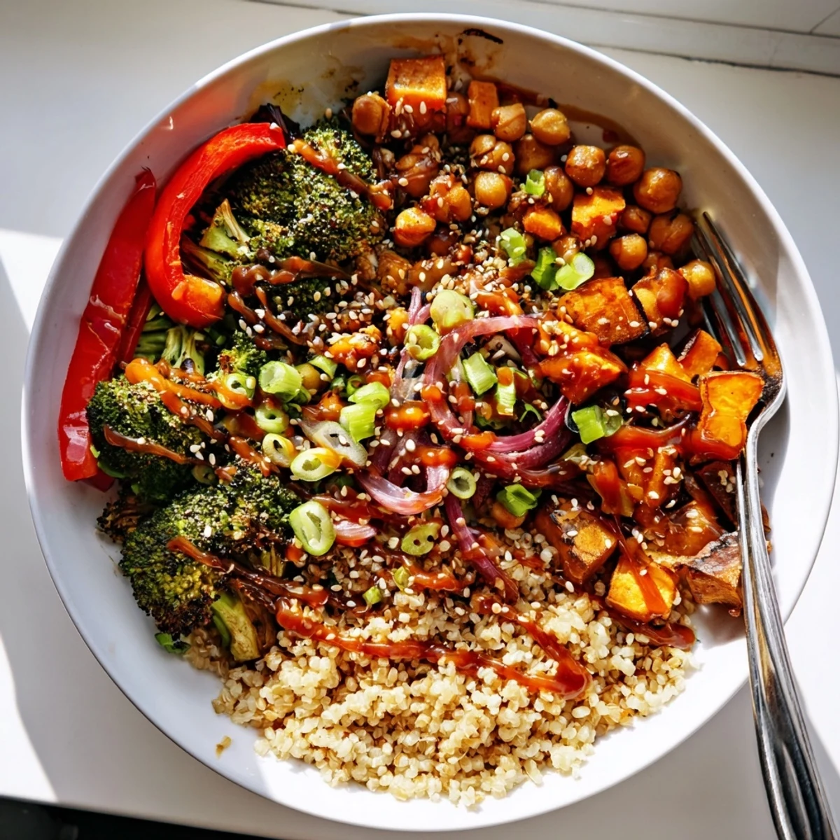 Vibrant Bold Sauce Drizzle Bowls topped with roasted veggies and zesty sauces.  