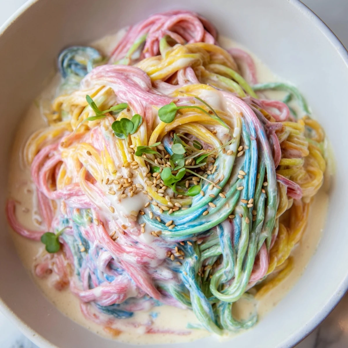 Vibrant Neon Noodle Cloud dish served in creamy, colorful sauce, garnished beautifully.  
