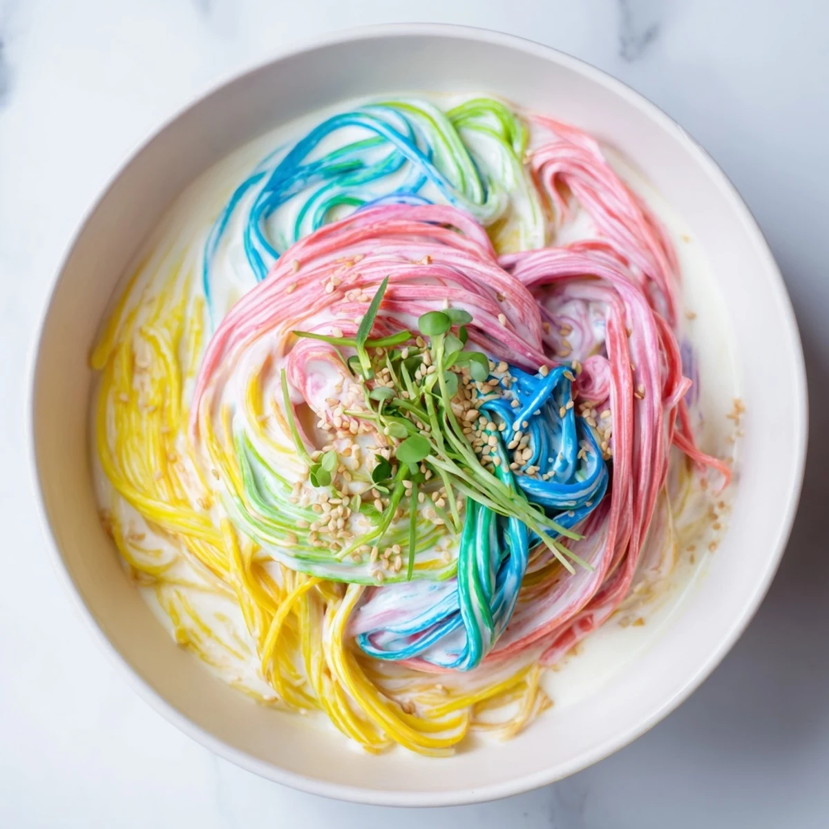Delightful Neon Noodle Cloud recipe featuring cheerful noodles and a fluffy, creamy sauce.  