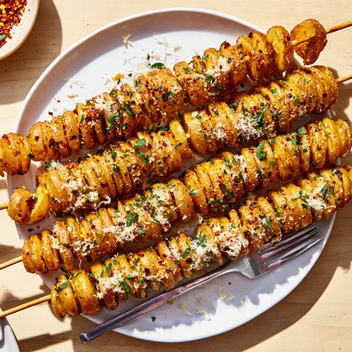 Fun-to-eat air-fryer tornado potatoes, garnished with Parmesan and fresh parsley.
