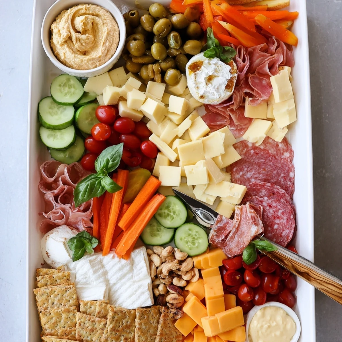 A vibrant Girl Dinner Platter showcasing an assortment of cheeses, fruits, and dips.  