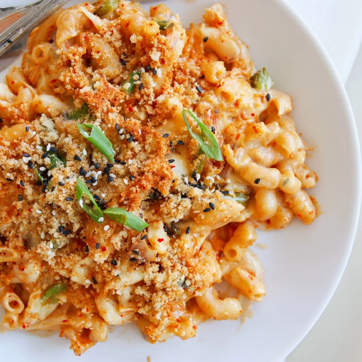Creamy Spicy Kimchi Mac & Cheese topped with crunchy sesame breadcrumbs, a comfort delight.  