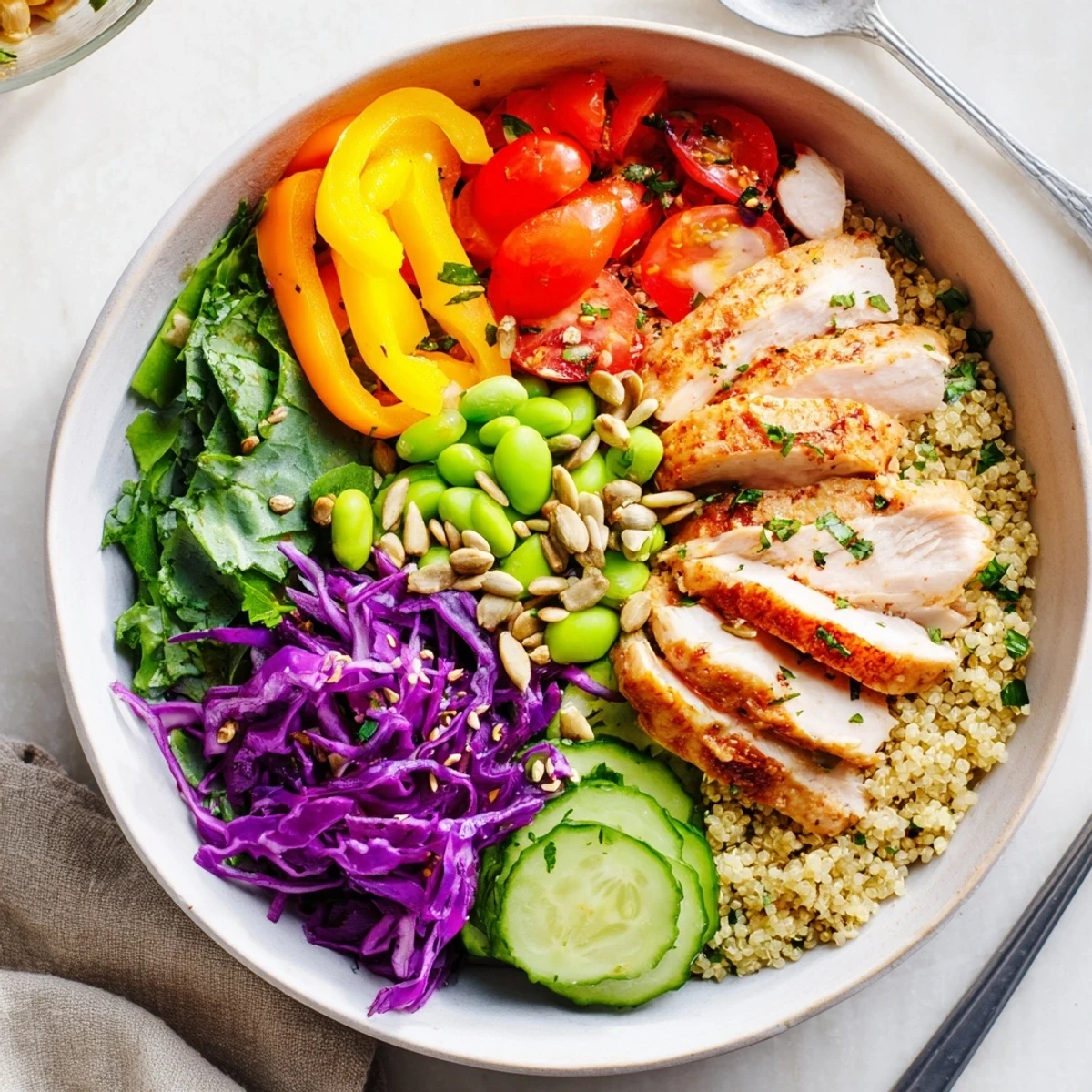 Colorful Healthy Meal-Prep Bowls stacked with veggies, quinoa, and tender chicken slices.  