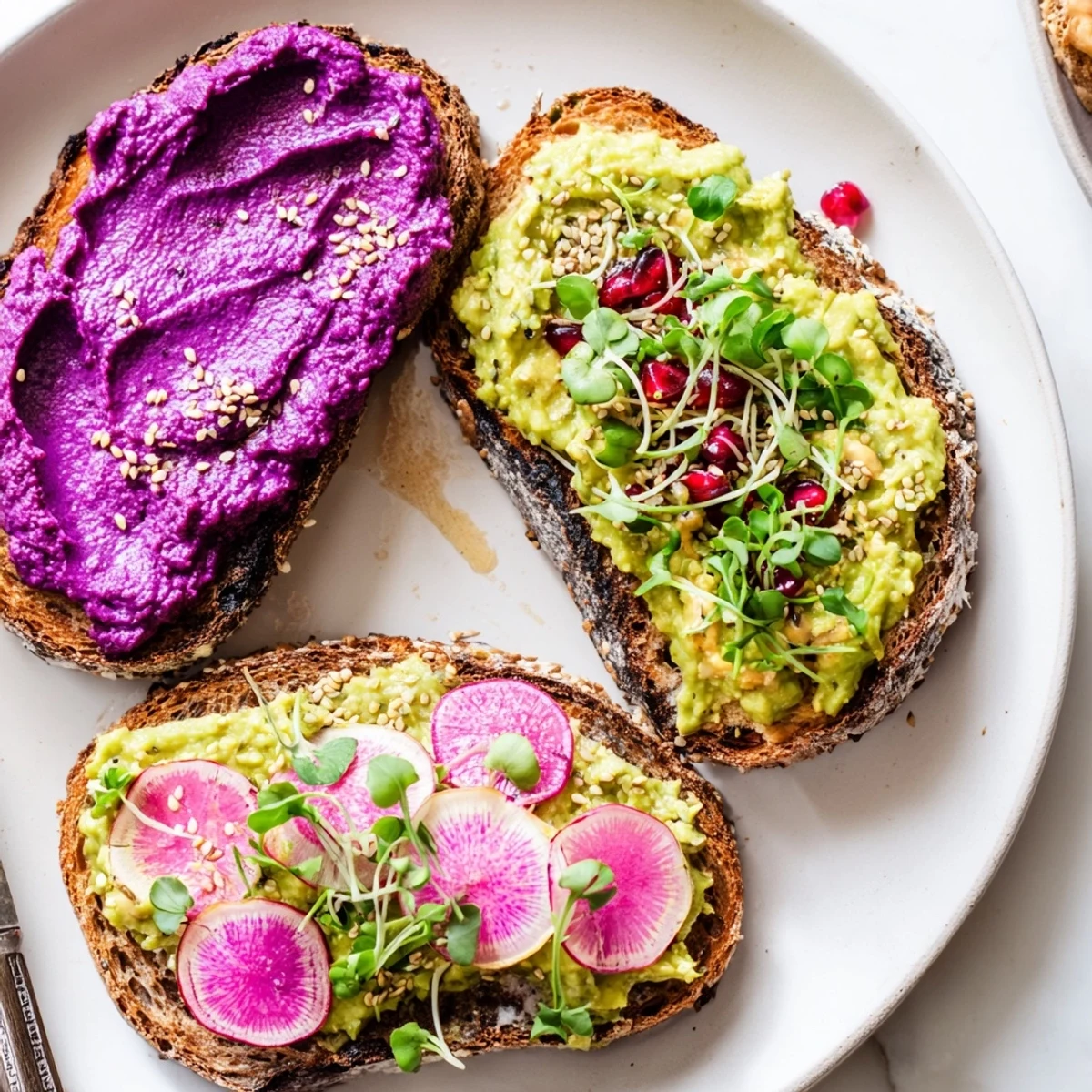 Lively Bright & Bold Breakfast Toasts drizzled with olive oil and sprinkled with pomegranate seeds.
