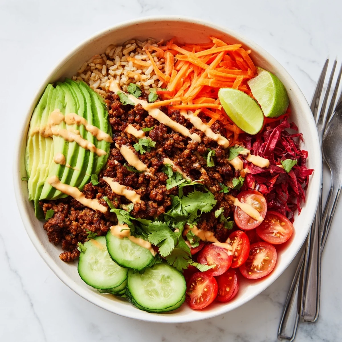 Colorful plant-based meat bowl topped with fresh veggies and lime wedges.  