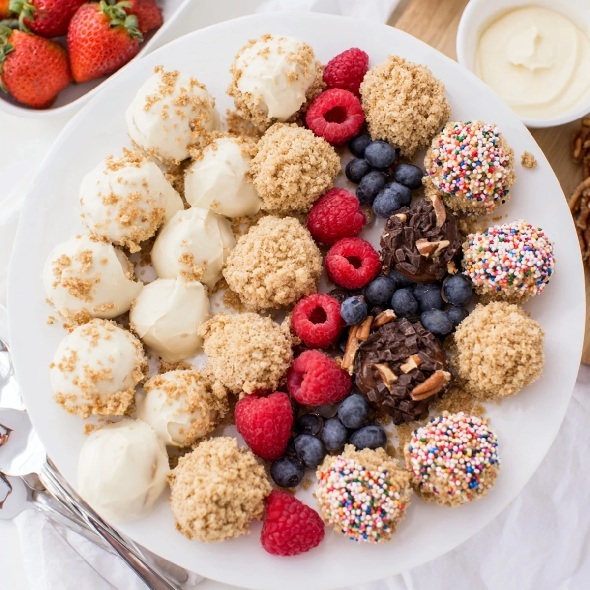 Interactive dessert board filled with rich cheesecake bites and colorful, fresh fruit toppings.  