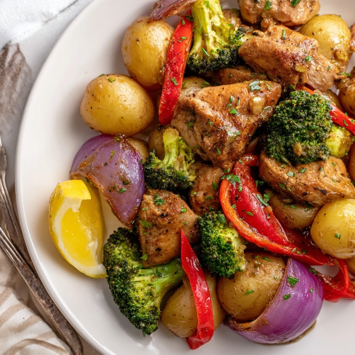 Flavorful Lazy Gourmet Chicken & Vegetable One-Pot served with lemon and fresh parsley.  