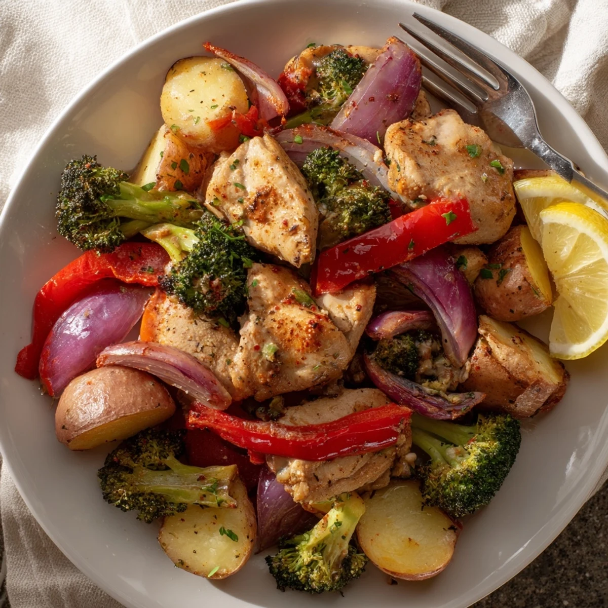 Hassle-free Lazy Gourmet Chicken & Vegetable One-Pot complete with tender chicken and crispy potatoes.