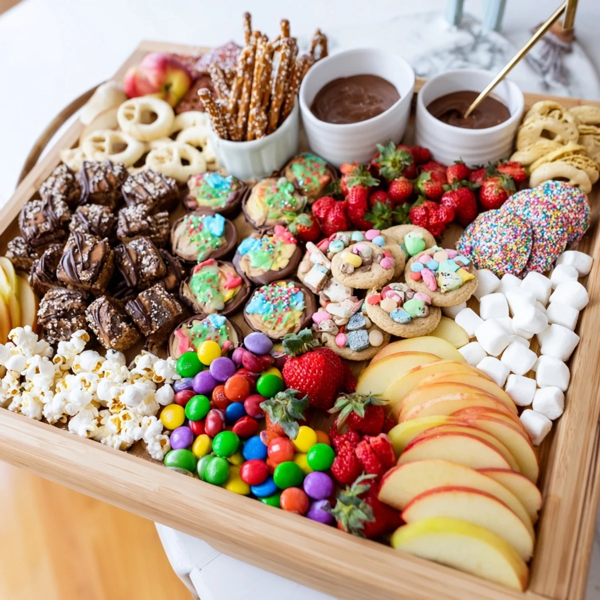 Festive dessert boards adorned with colorful cookies and chocolate-dipped pretzels for sharing.  