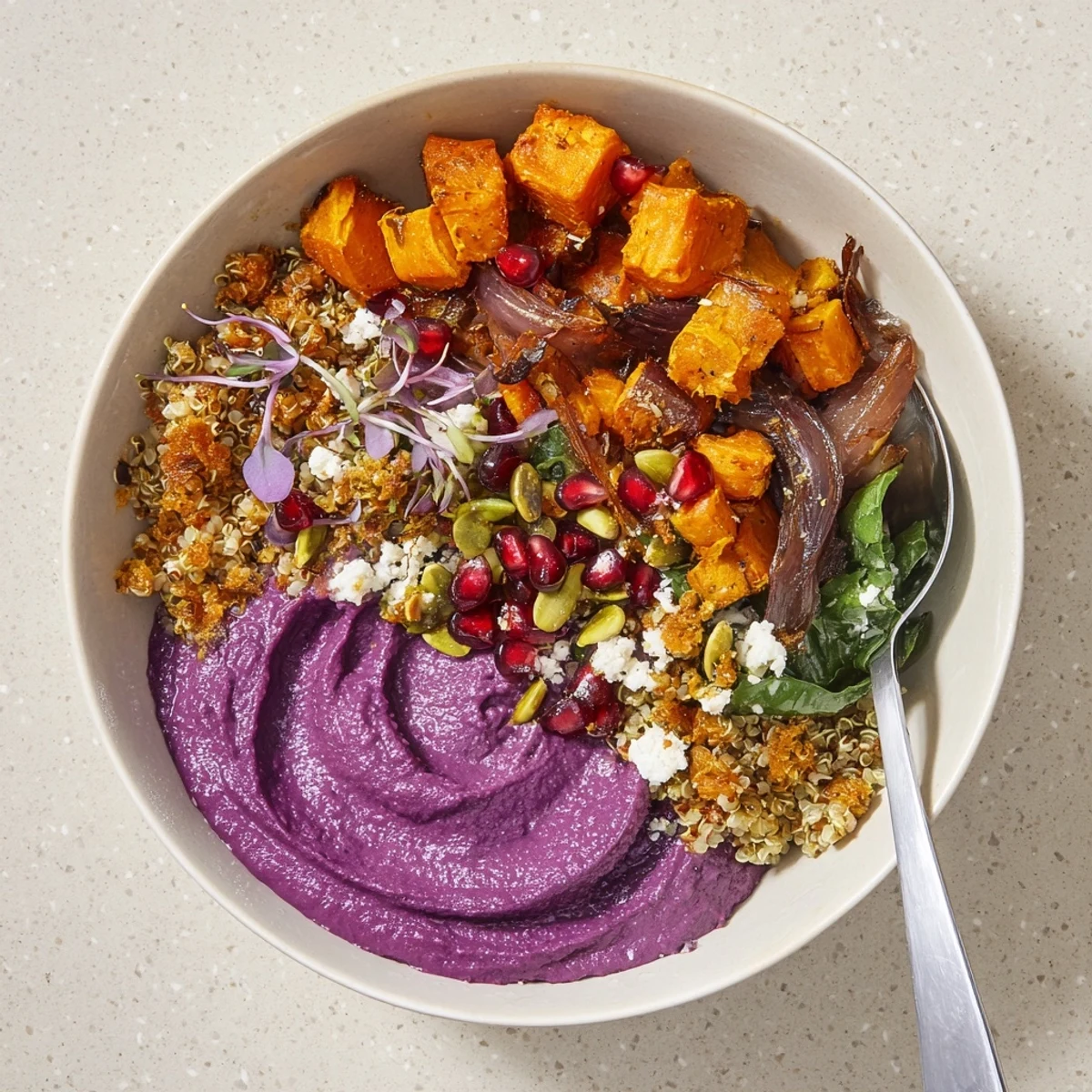 Cozy and nutritious Spiced Winter Bowls topped with crunchy pistachio-maple crumble.  