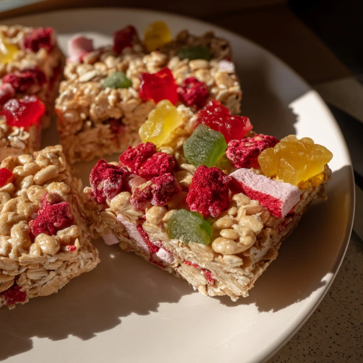 Vibrant homemade gummies and crispy freeze-dried candies atop wholesome oat snack bars.