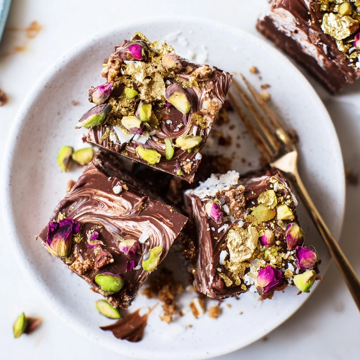 Decadent chocolate bar creations topped with crunchy pistachios and coconut flakes.  