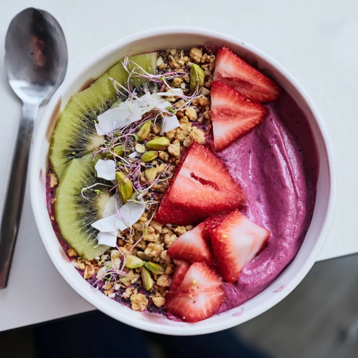 Colorful Vibrant Smoothie Bowls topped with fresh fruits and crunchy toppings.  