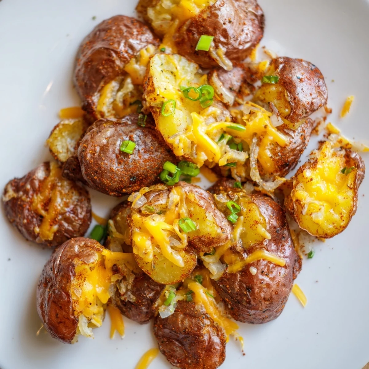 Crispy Smashed Green Onion Potato Bombs topped with melted cheese and vibrant herbs.