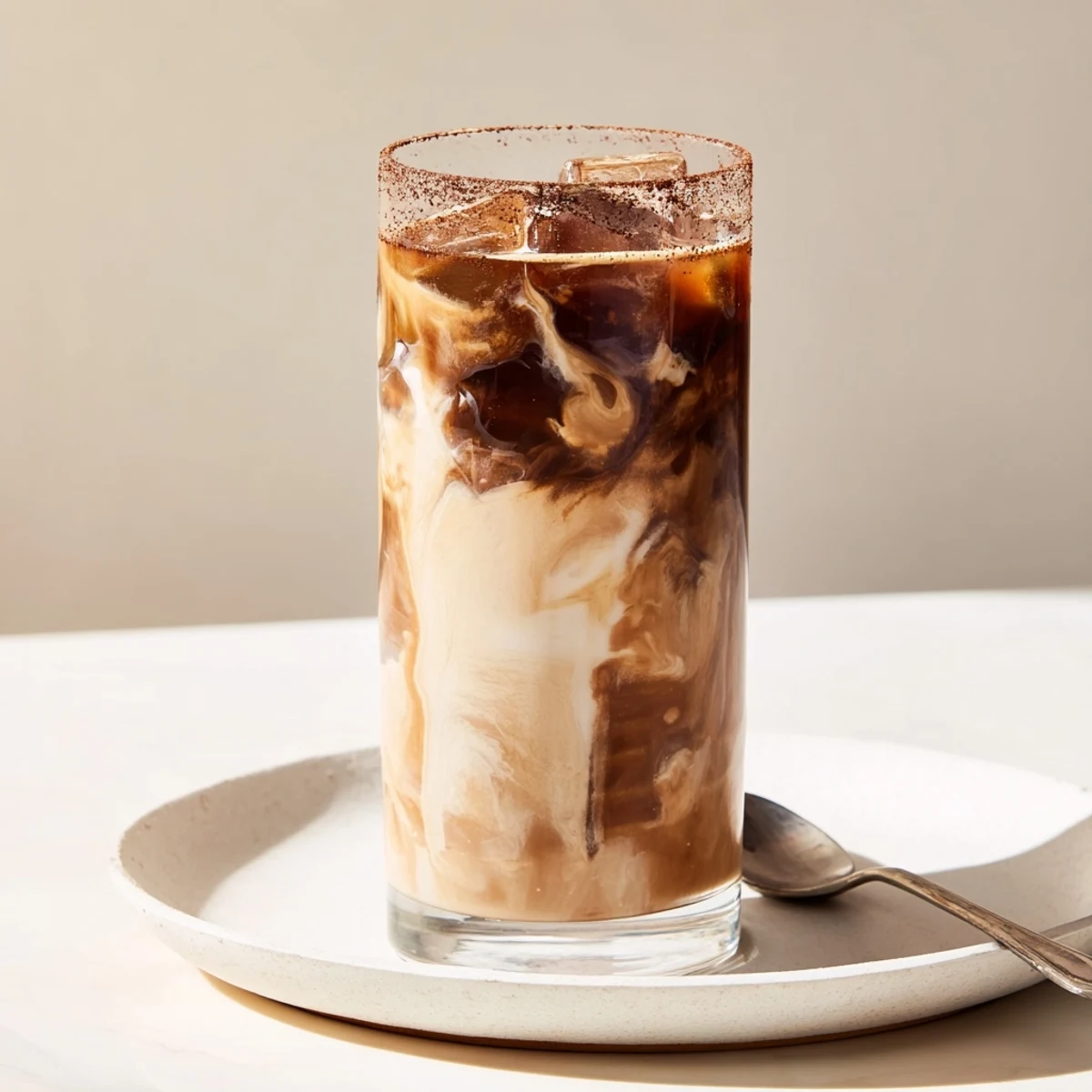 Rich and nutty tahini iced coffee served in tall glasses with ice.  