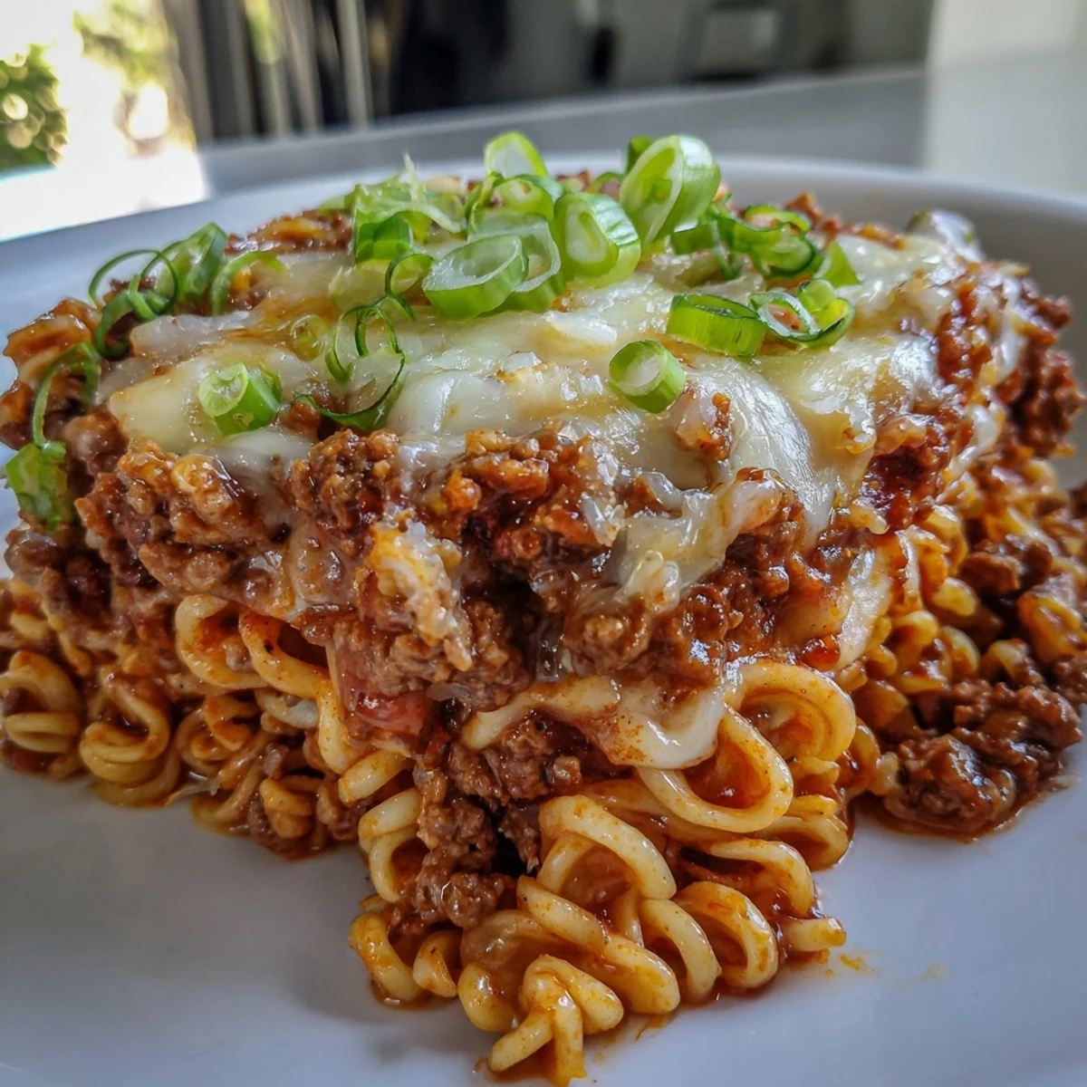 Bold Spicy Ramen Lasagna with layers of creamy cheese and zesty ground pork.  