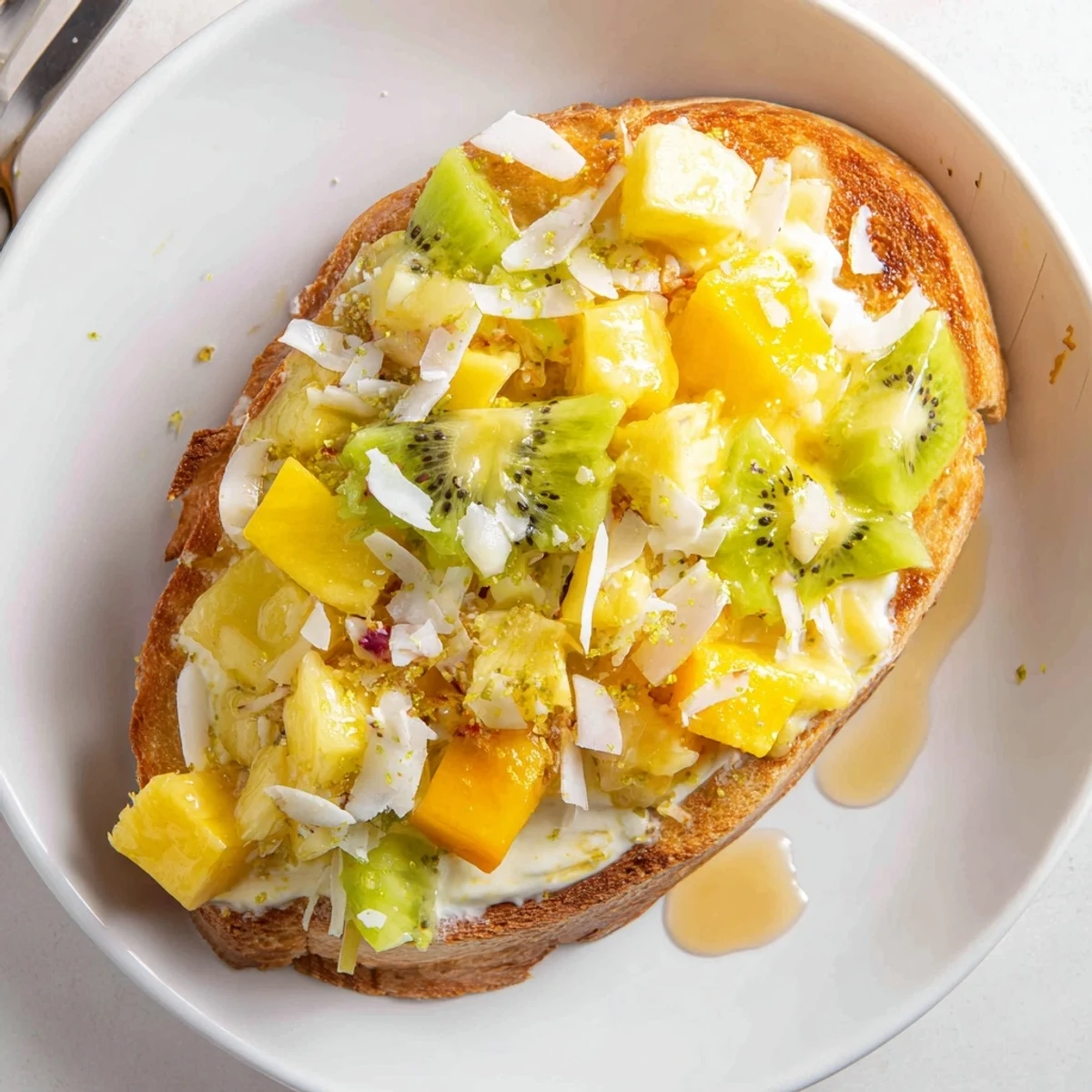 Warm, golden-brown brioche yogurt-custard toast drizzled with honey and fresh fruit.  