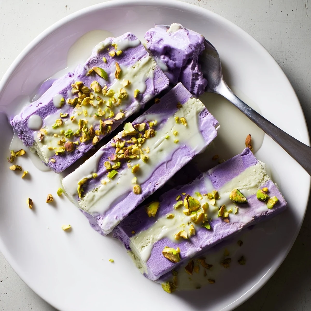 Creamy ube and pistachio ice cream bars drizzled with sweetened condensed milk.  