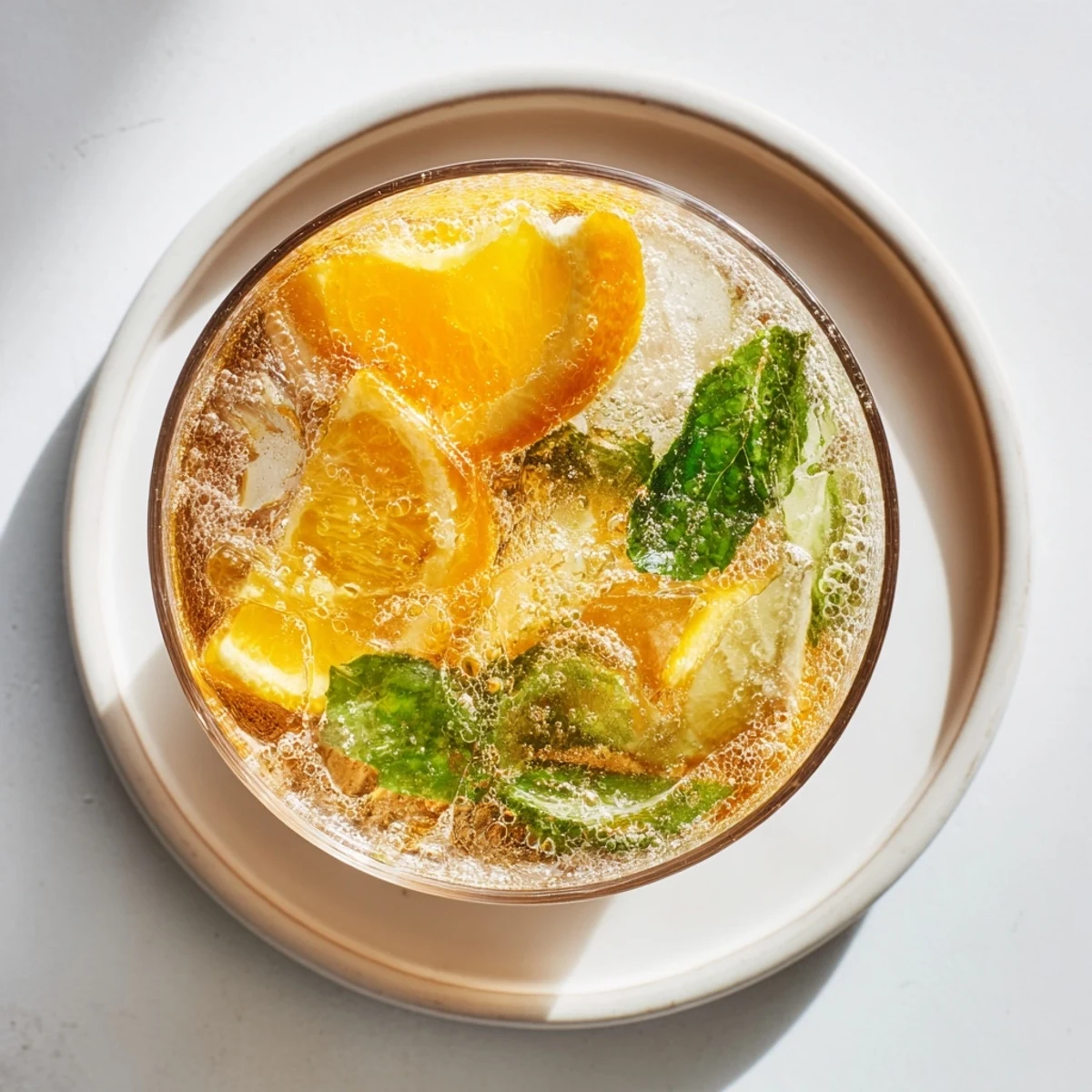 Refreshing probiotic soda mocktail served over ice with citrus and mint.  