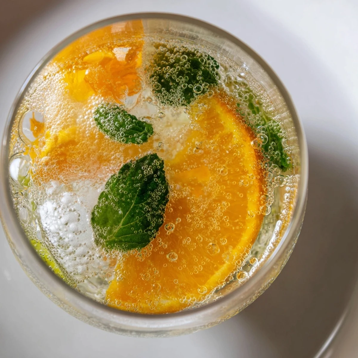 Homemade probiotic soda mocktail garnished with orange slices and fresh mint leaves.  