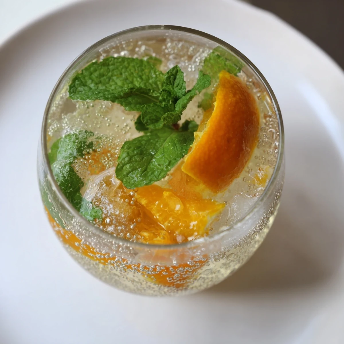 Vibrant probiotic soda mocktail in a glass, showcasing fresh herbs and citrus juices.