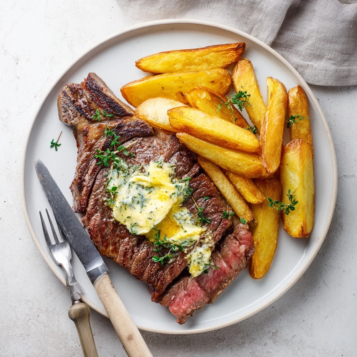 Succulent Steakhouse Garlic Butter Steak & Fries served with crispy golden fries.  