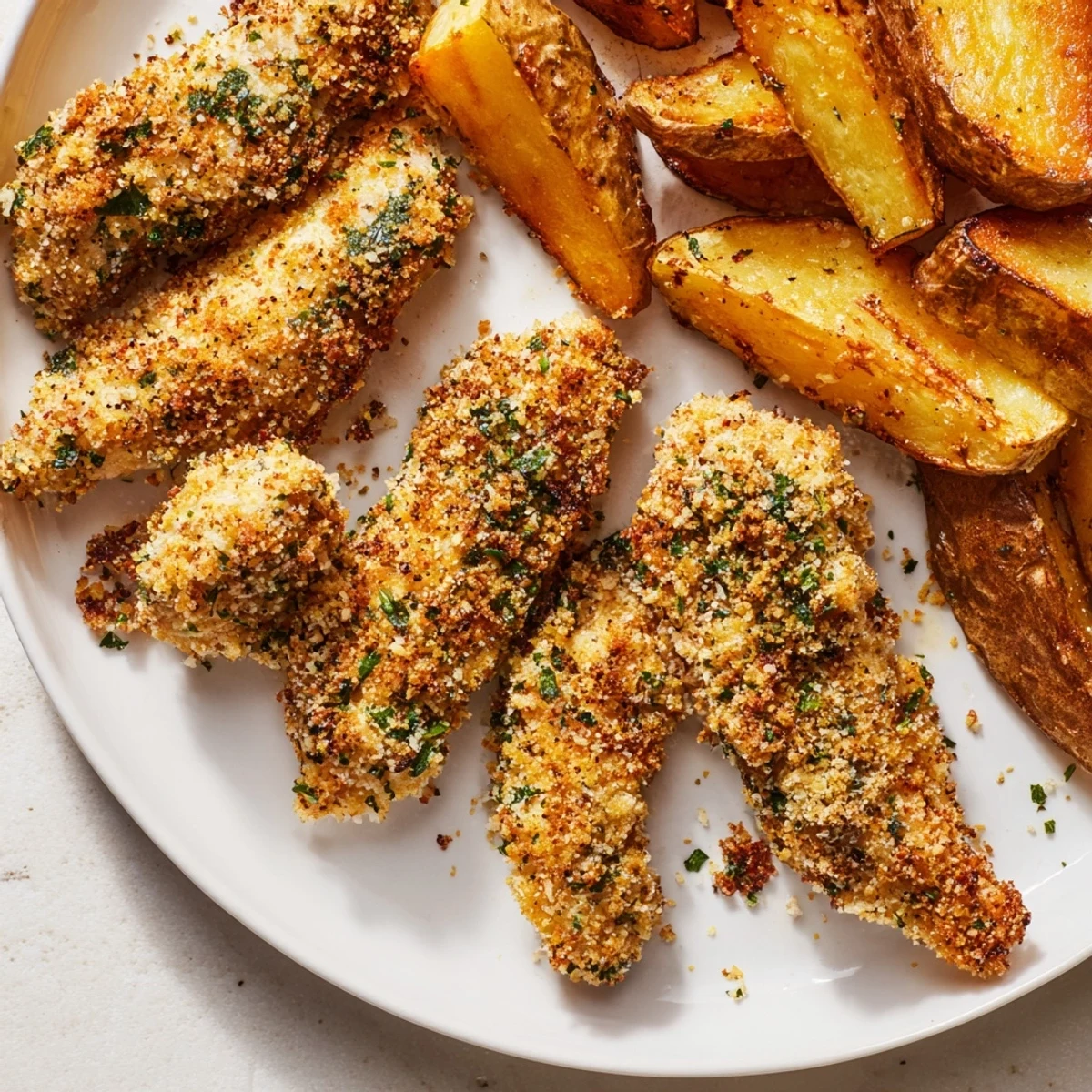 Juicy herbed chicken tenders and crispy potato wedges plated for a family feast.  