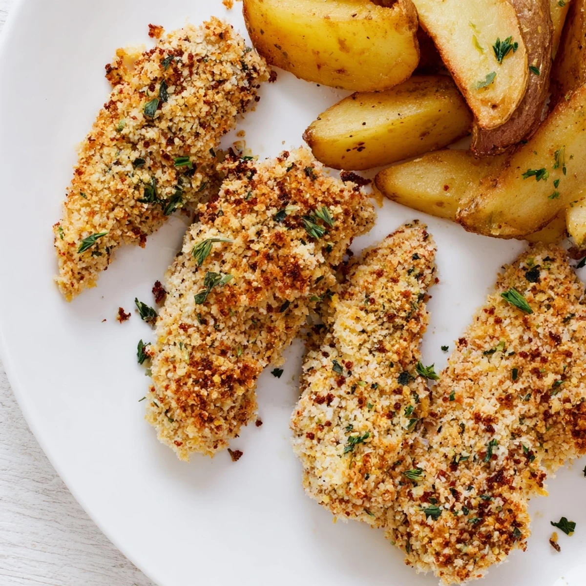 Golden-brown herbed chicken tenders with seasoned potato wedges, garnished with fresh parsley.