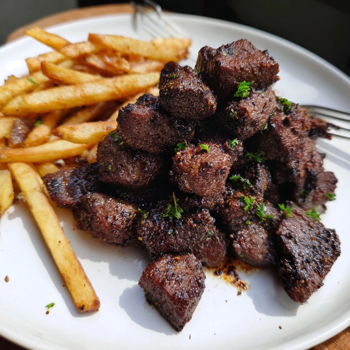 Juicy blackened Cajun steak bites served with crispy golden fries, a perfect meal.  