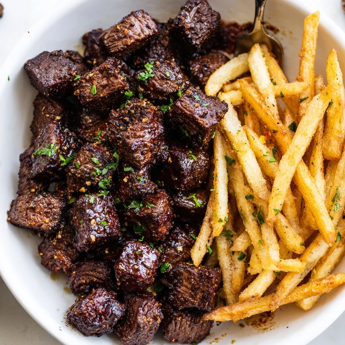 Spicy, tender Cajun steak bites glistening alongside hot, perfectly fried potatoes.  