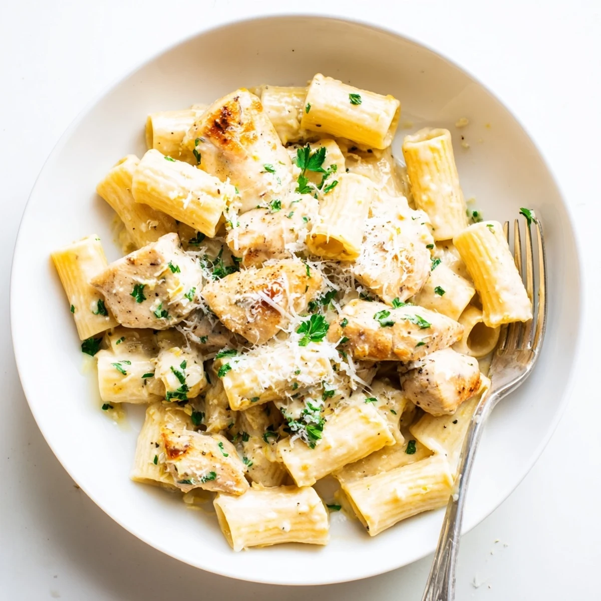Creamy Garlic Parmesan Chicken Rigatoni topped with fresh parsley and extra cheese.