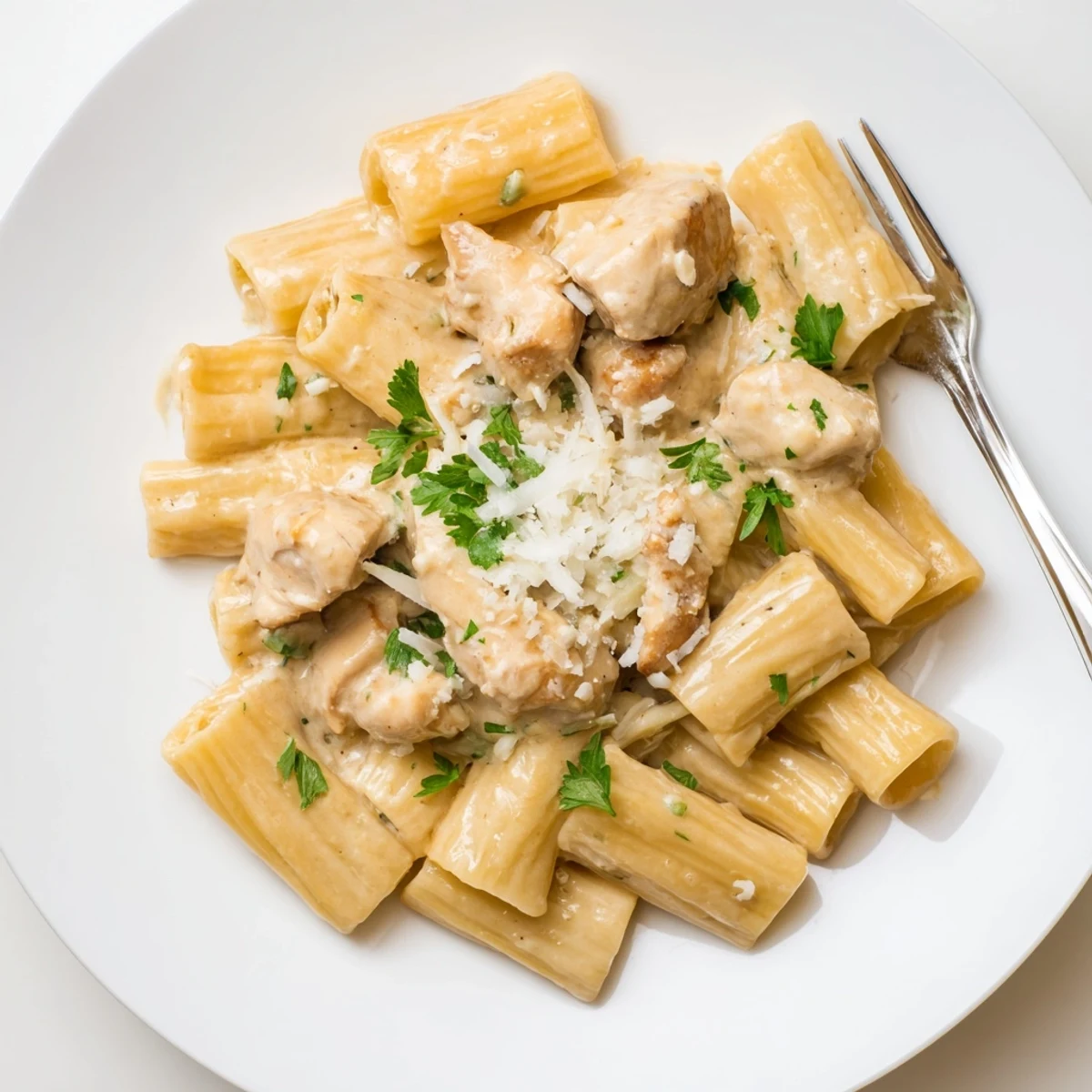 A bowl of Creamy Garlic Parmesan Chicken Rigatoni, rich and inviting dinner delight.