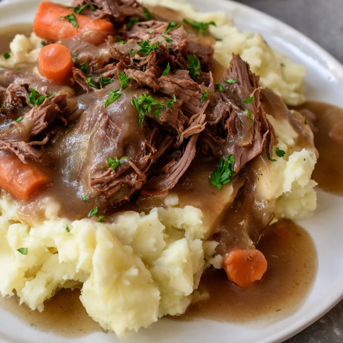 Hearty Slow Cooker Pot Roast with Mashed Potatoes, perfect for a comforting family dinner.