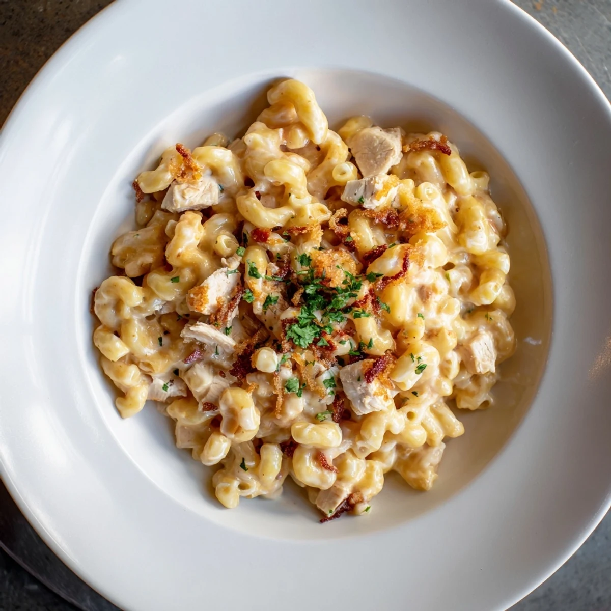 Creamy One-Pot Honey BBQ Chicken Mac and Cheese topped with crispy onions and parsley.  