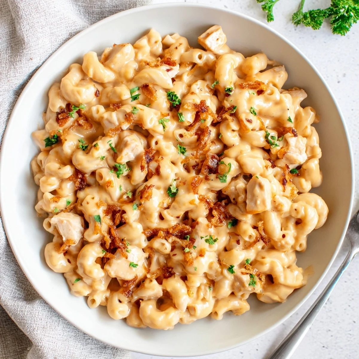 Decadent One-Pot Honey BBQ Chicken Mac and Cheese served hot with smoky flavors.  