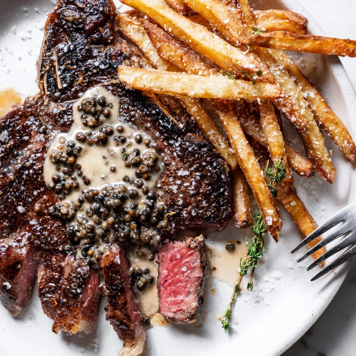 Perfectly seared Classic Peppercorn Ribeye, served with deliciously crunchy homemade fries.  