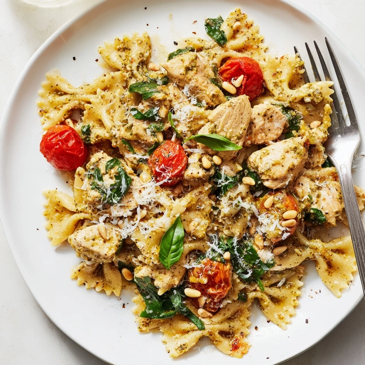 Pesto Chicken Bowtie Pasta topped with pine nuts and fresh basil, ready to savor.  