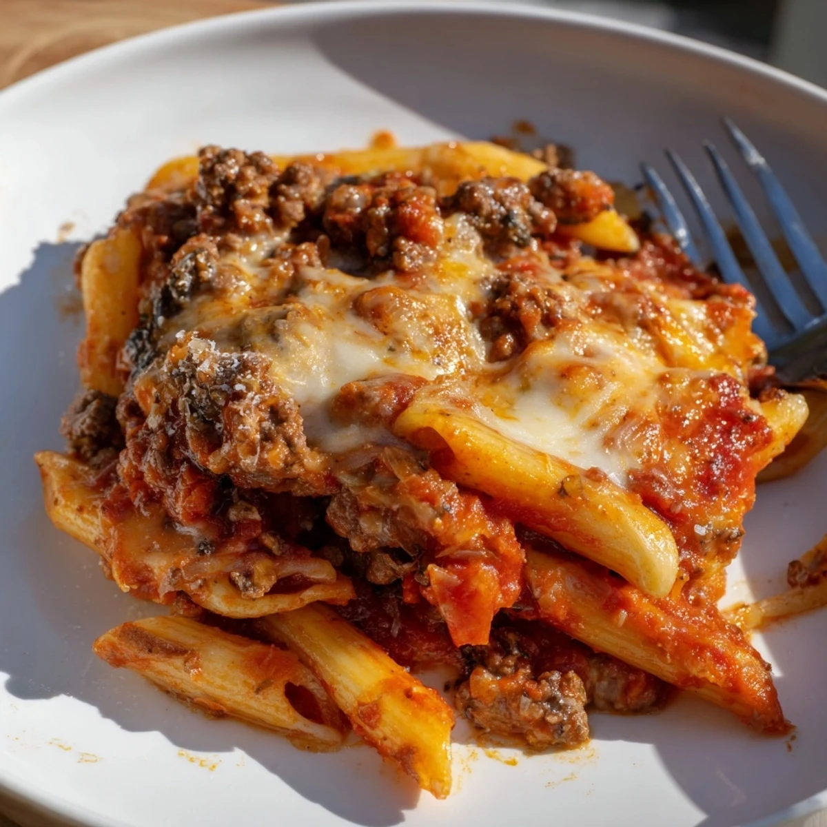 A bubbling Cheesy Beef & Penne Bake topped with melted cheese and herbs.  