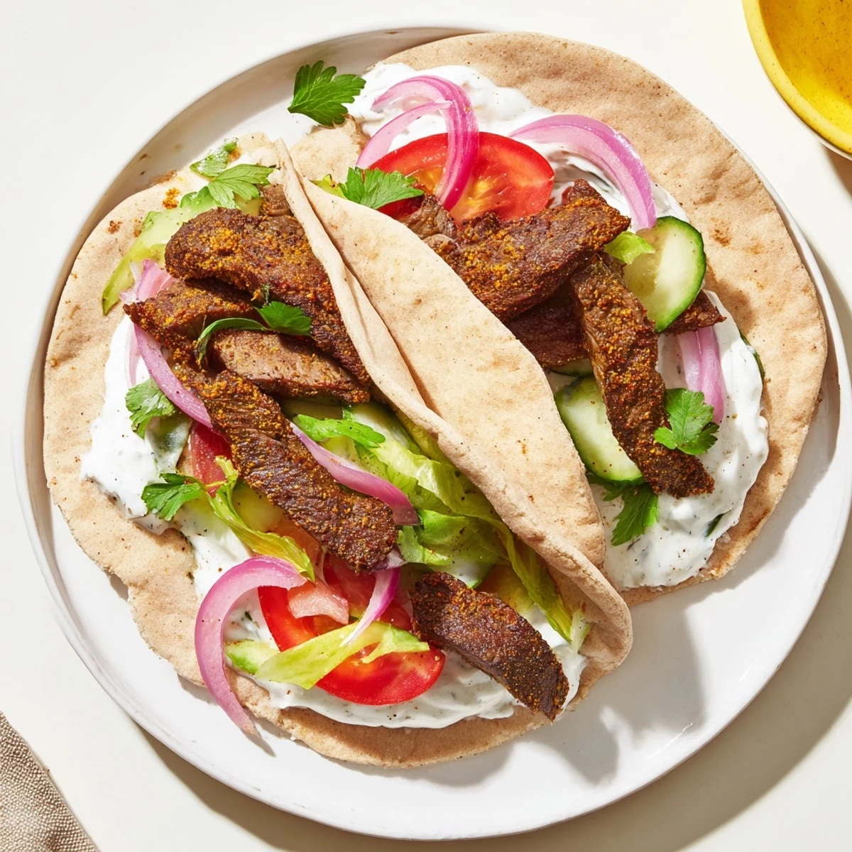 Tender, spiced Beef Shawarma Wraps filled with fresh veggies and cooling yogurt sauce.