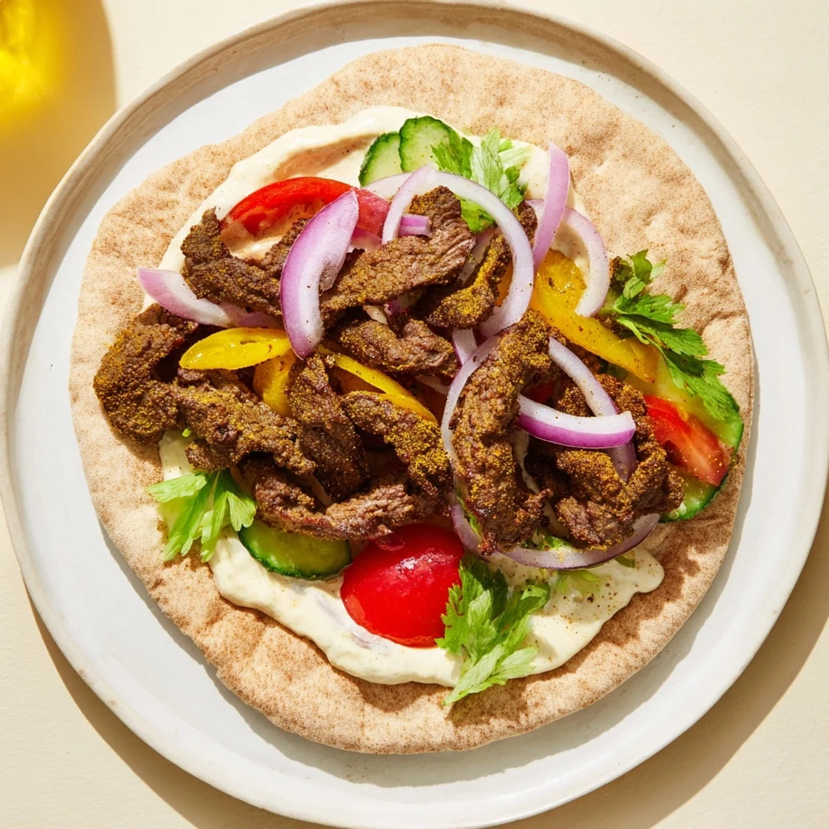 Mouthwatering image of a fully-assembled Beef Shawarma Wrap, complete with creamy sauce.