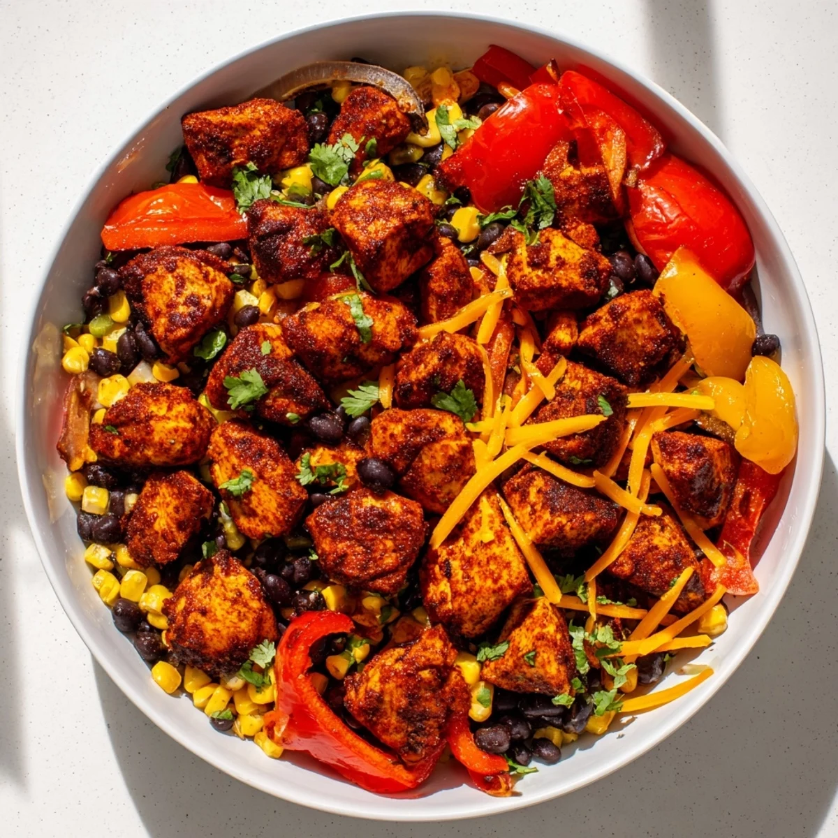 Sheet Pan Chicken Burrito Bowls, sizzling with roasted vegetables and seasoned chicken, ready to eat.