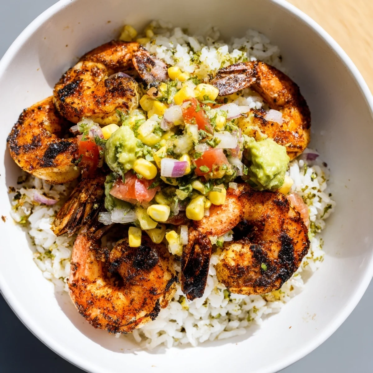 Blackened Shrimp Bowl with Avocado Corn Salsa: Spicy shrimp atop fluffy rice, served with fresh, colorful corn salsa.