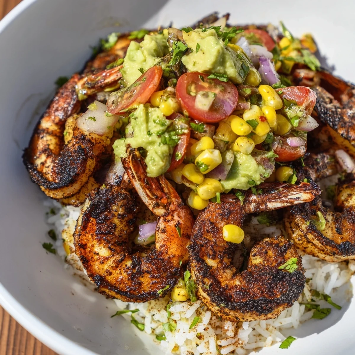 Mouthwatering Blackened Shrimp Bowl featuring perfectly seared shrimp, a vibrant avocado salsa, and lime wedges.