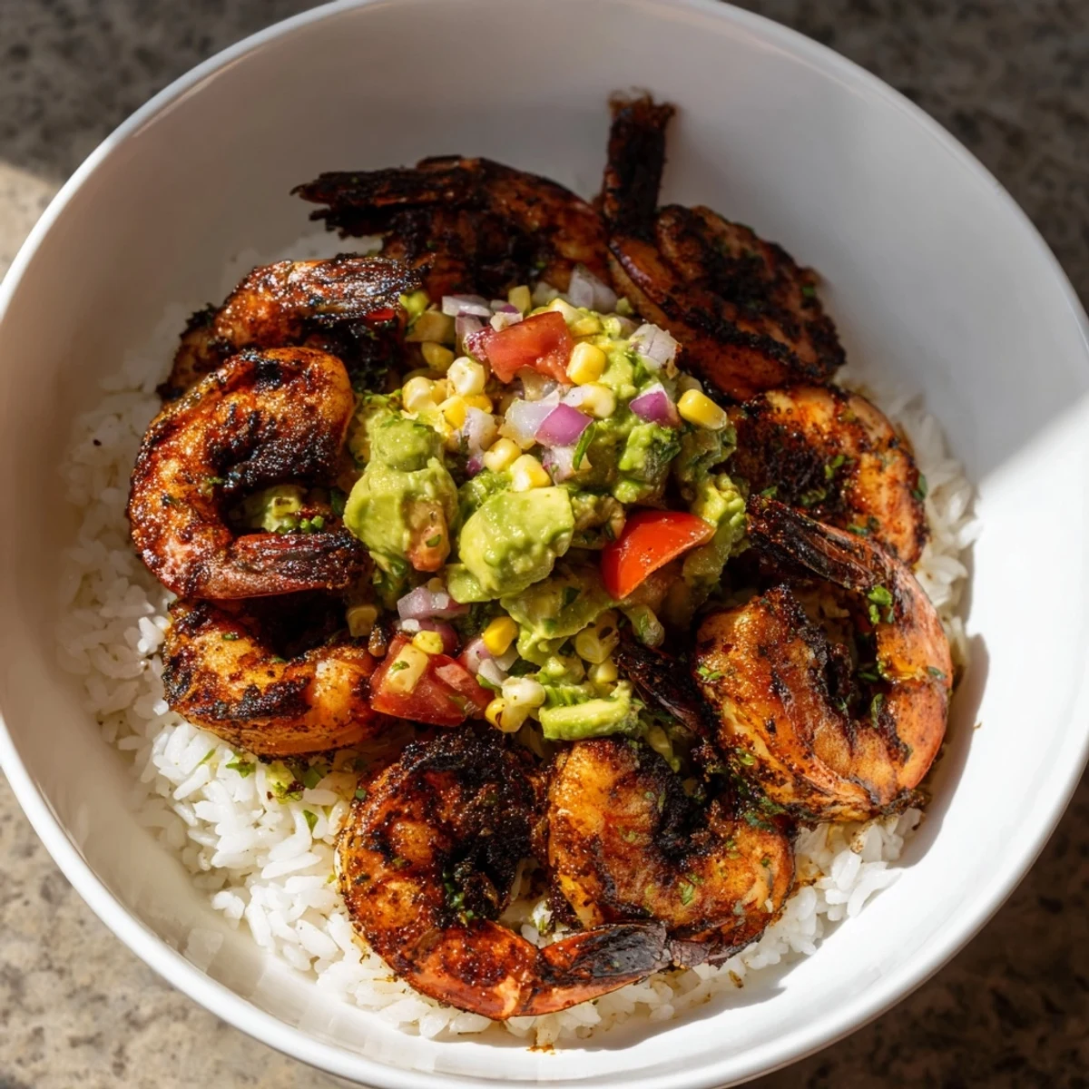Creamy avocado salsa complements the flavorful blackened shrimp in this fantastic Blackened Shrimp Bowl.